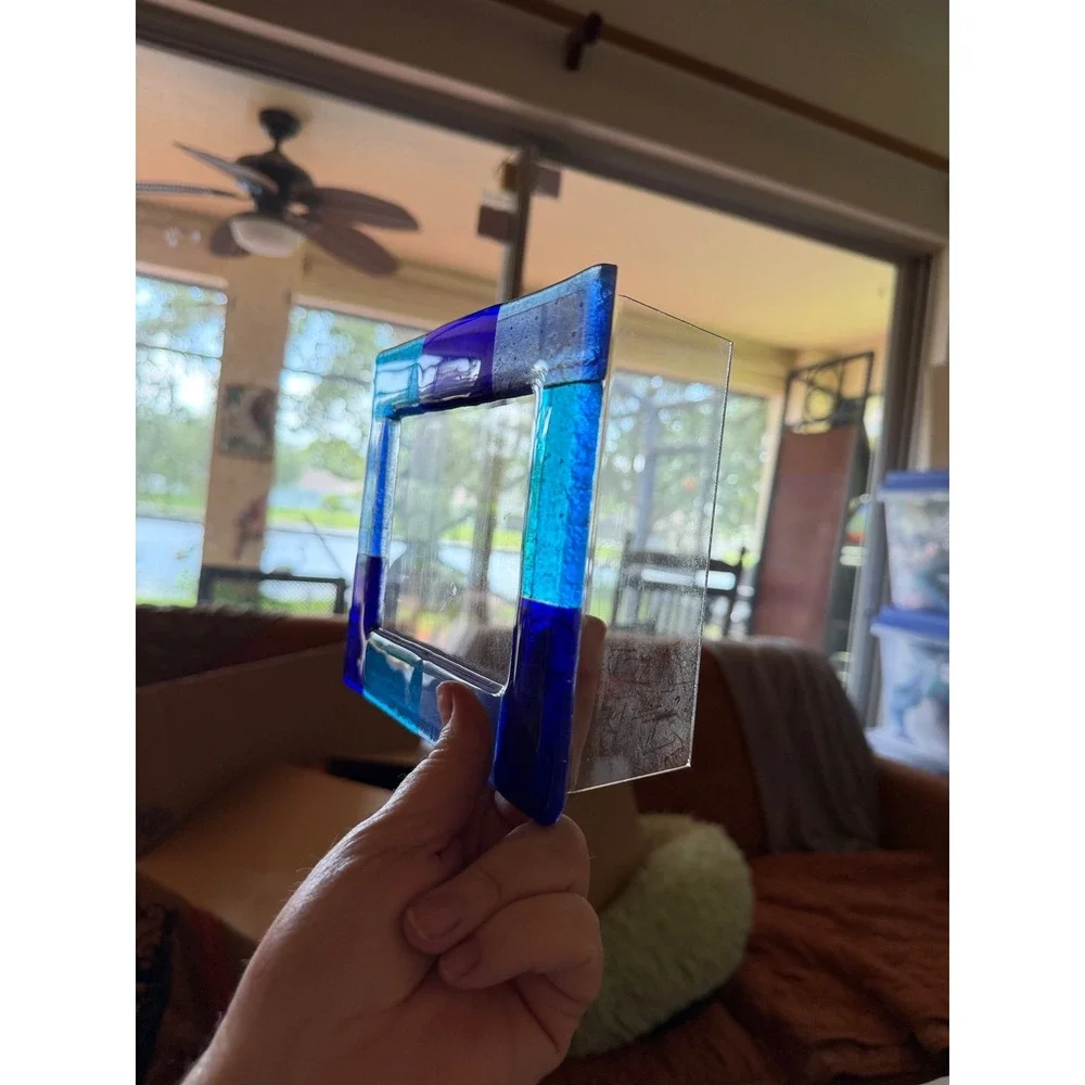 Fused Glass Picture Frame Blue colorblock Geometric